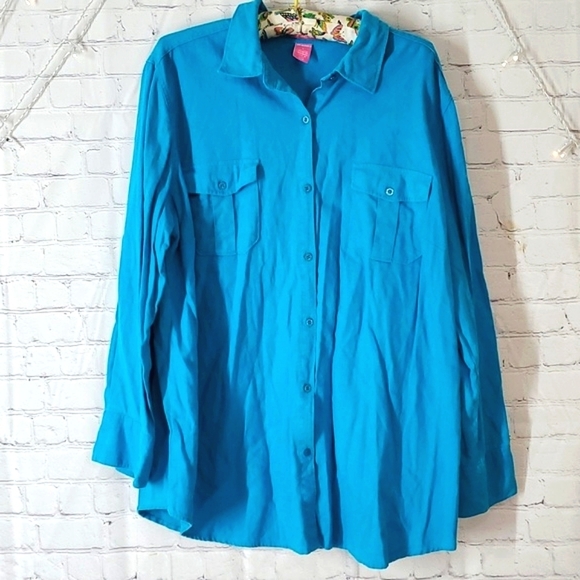 Woman Within Pool Blue Long Sleeve Plus Size Linen Blend Button Shirt Size Large - Picture 1 of 13